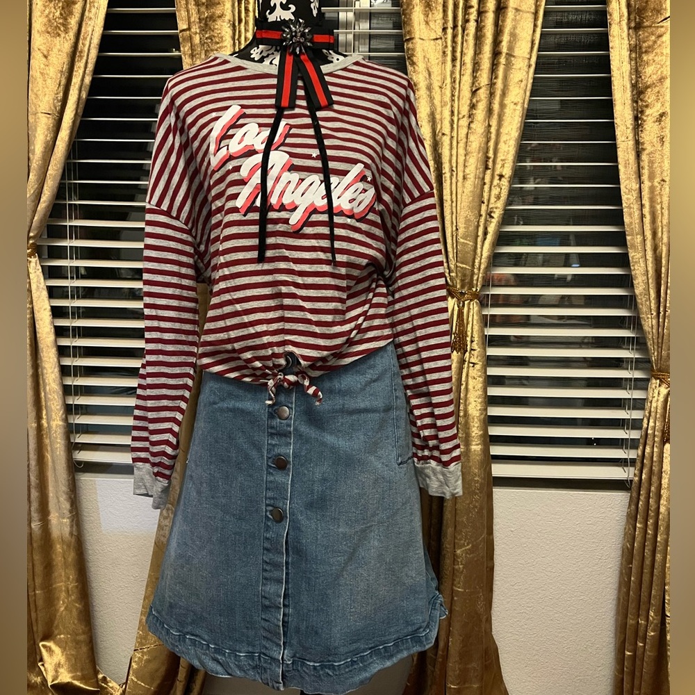 Stripe shirt & Denim skirt combo